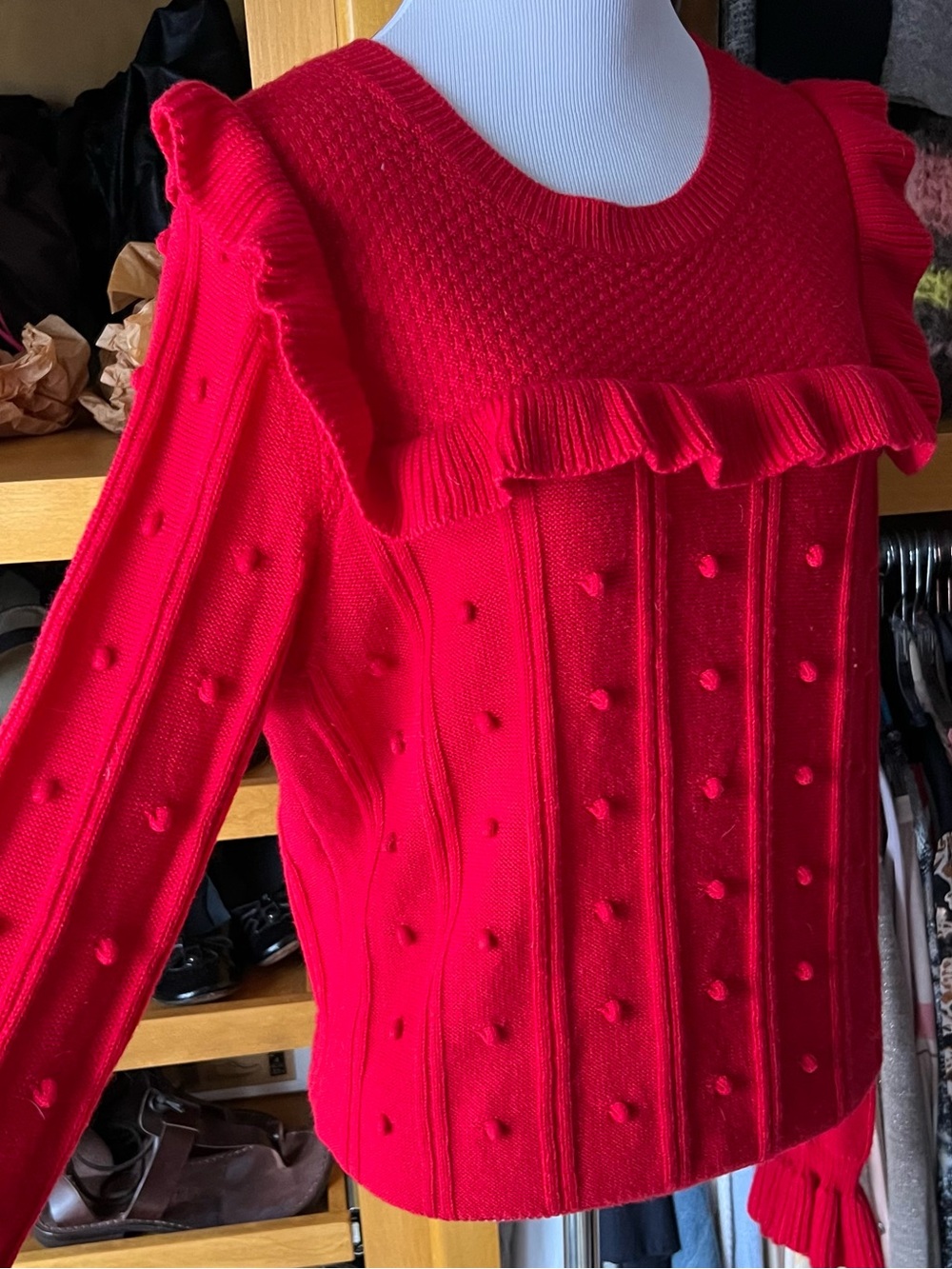 KATE SPADE NY Wool Blend Red Ruffle Popcorn-Knit Crew Sweater - Picture 3 of 7